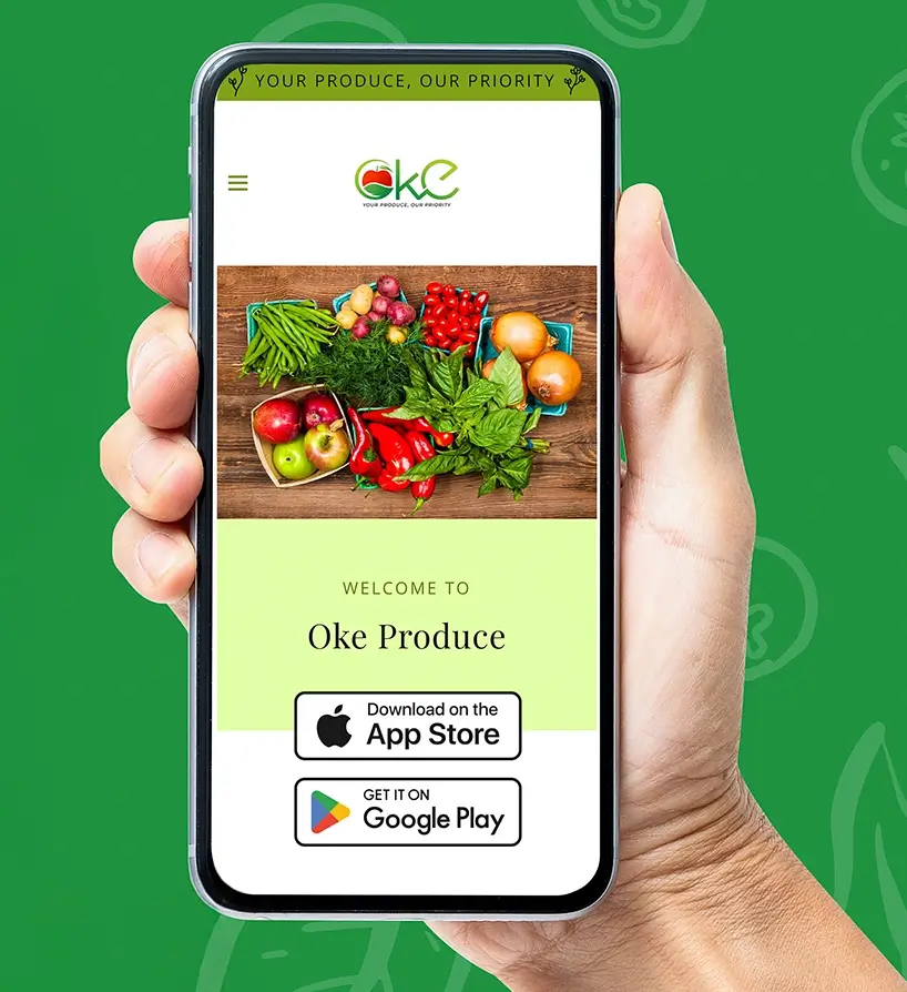A picture of a person holding a smartphone. The phone has the Oke Produce App open on it