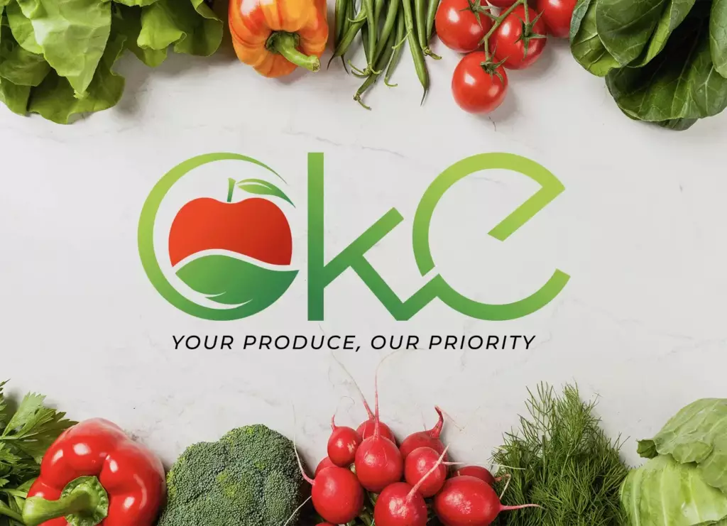 Oke Produce's logo, surrounded by vegetables that Oke Produce sells in bulk